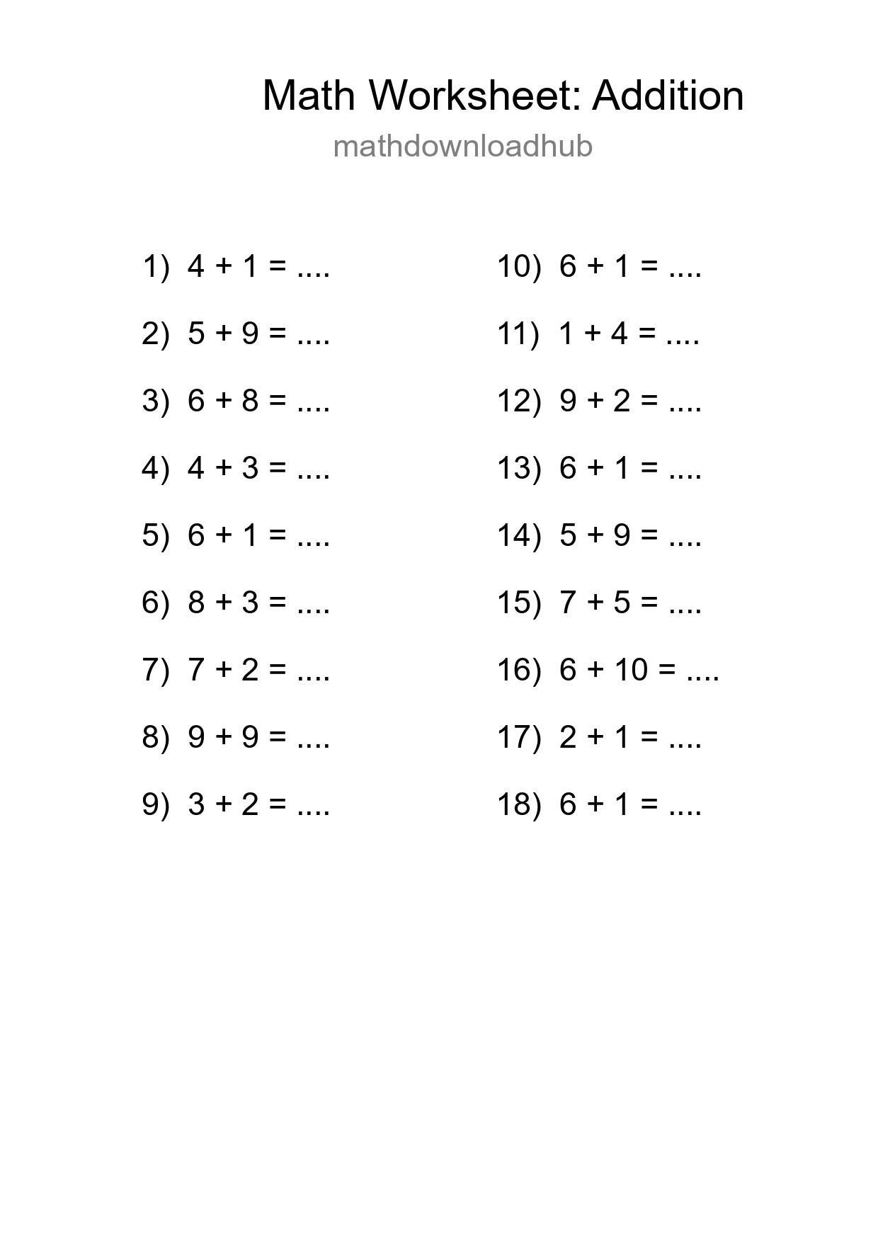 Printable Free 18 Addition Math Worksheet For Grade 1 - Part 67