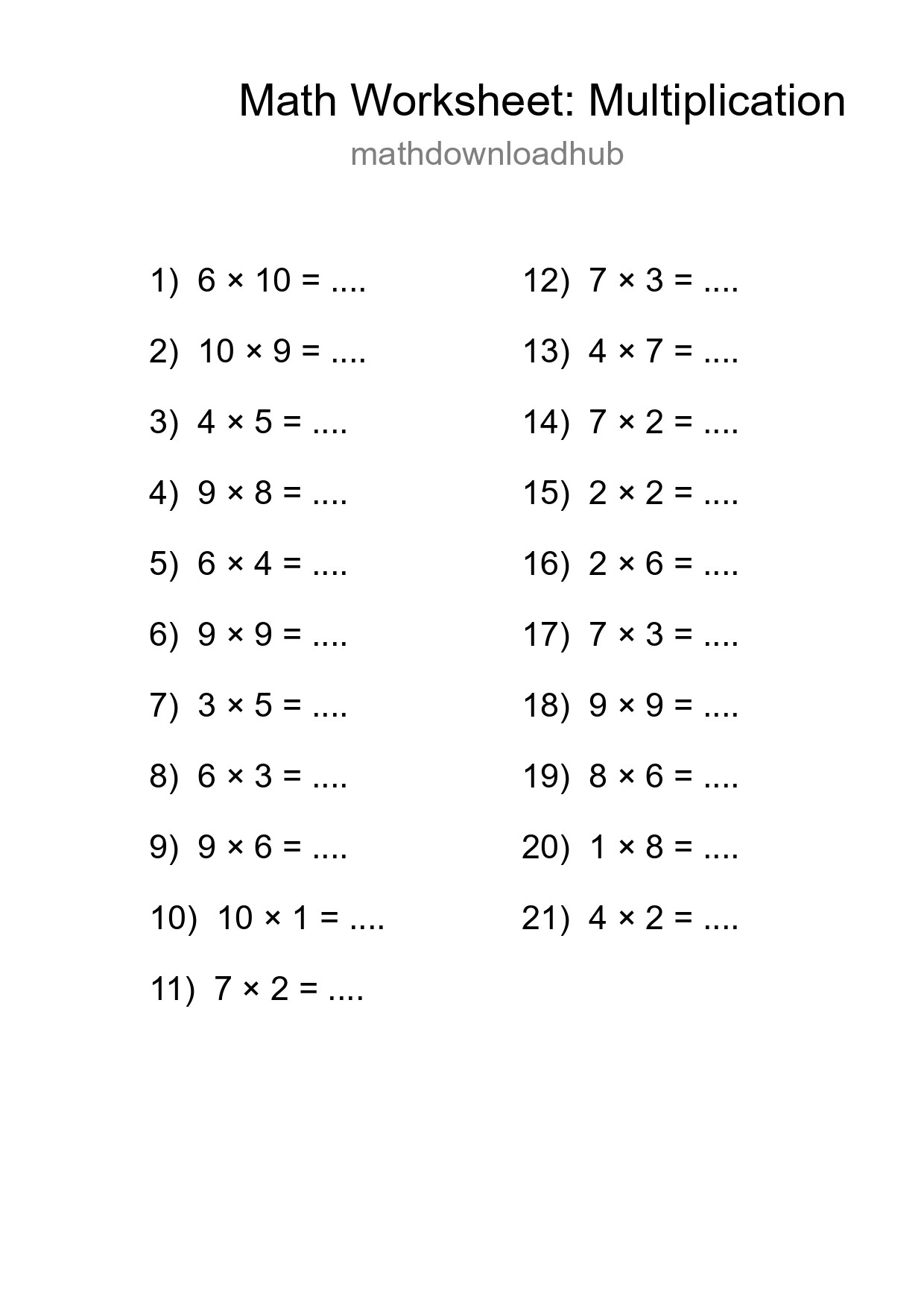 Printable Free 21 Multiplication Math Worksheet For Grade 1 - Part 73