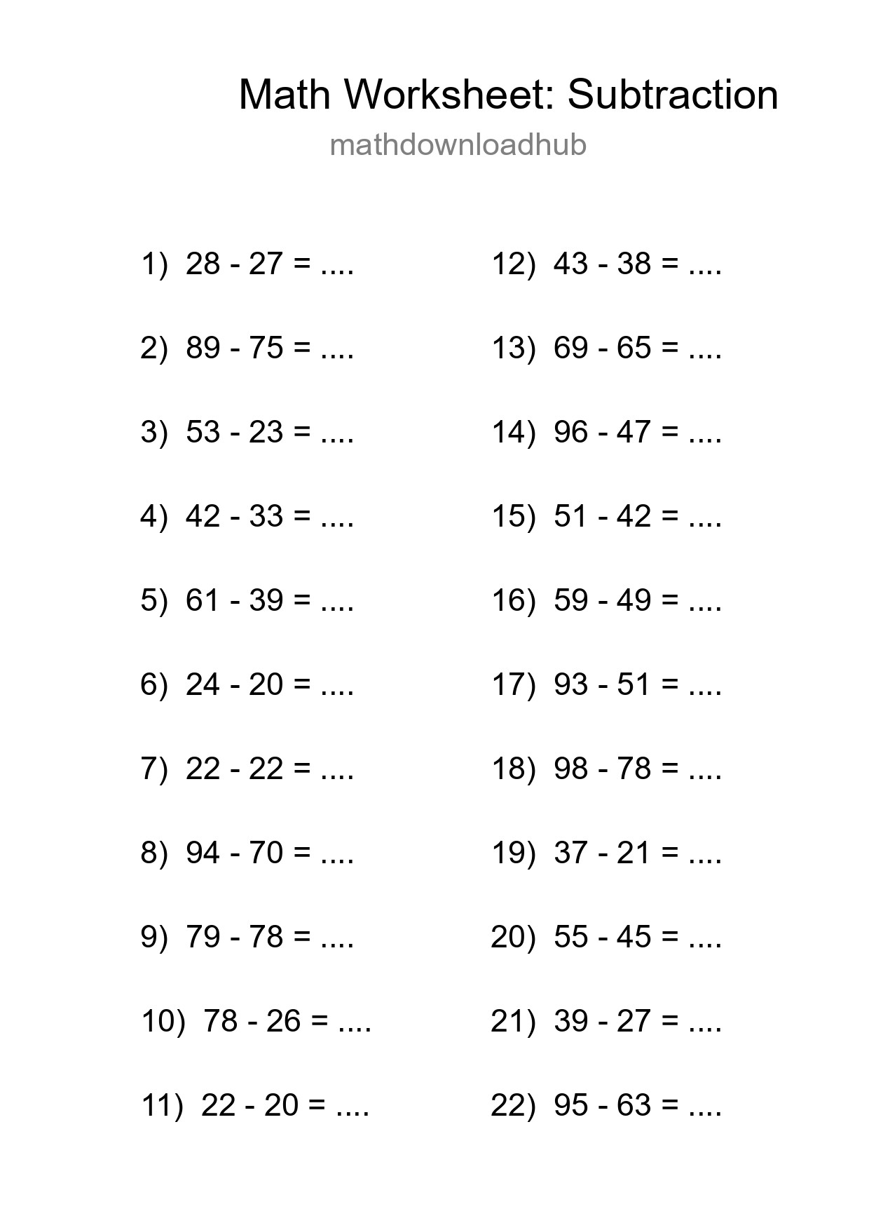 Printable Free 22 Subtraction Math Worksheet For Grade 3 - Part 162