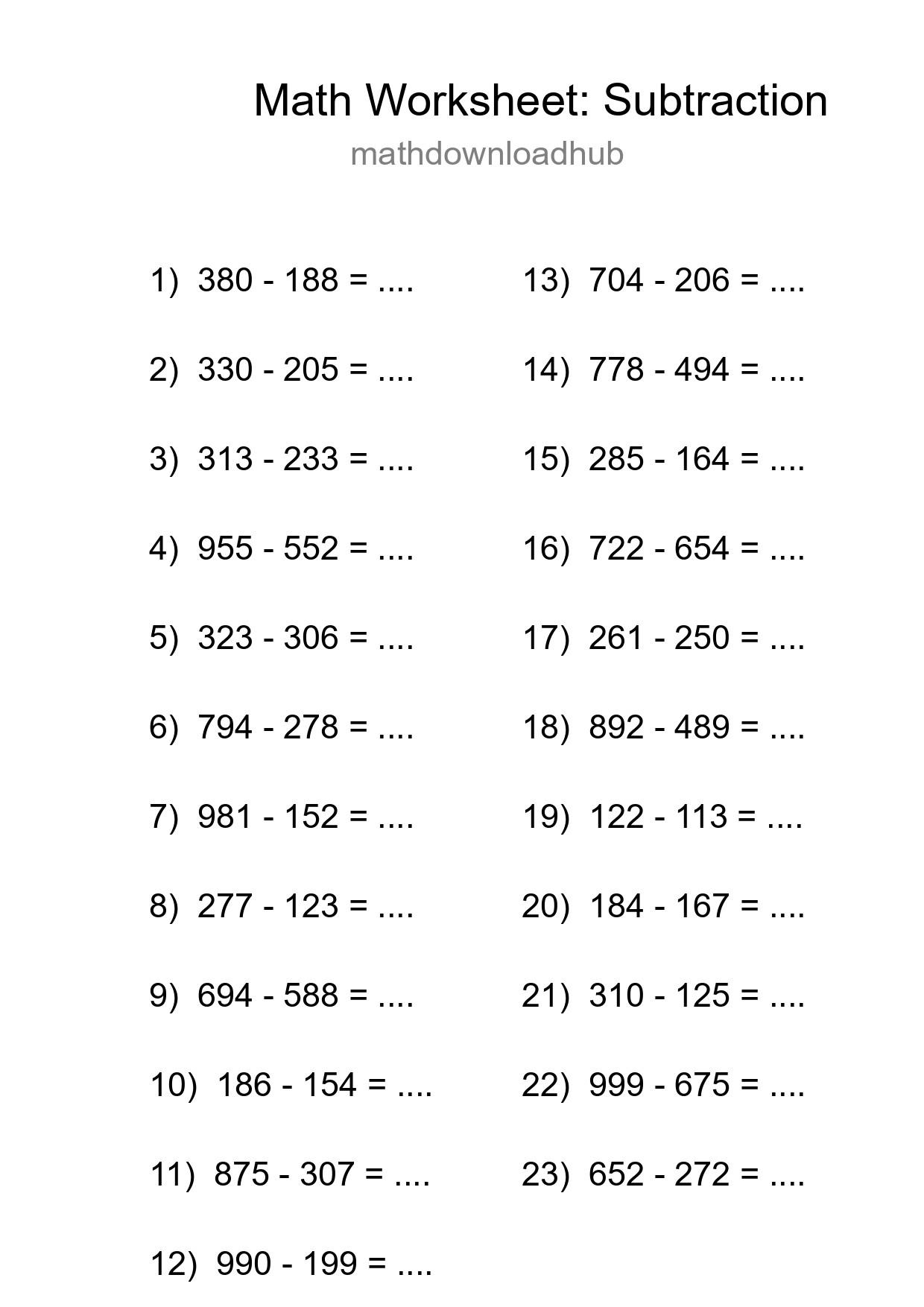 Printable Free 23 Subtraction Math Worksheet For Grade 5 - Part 63