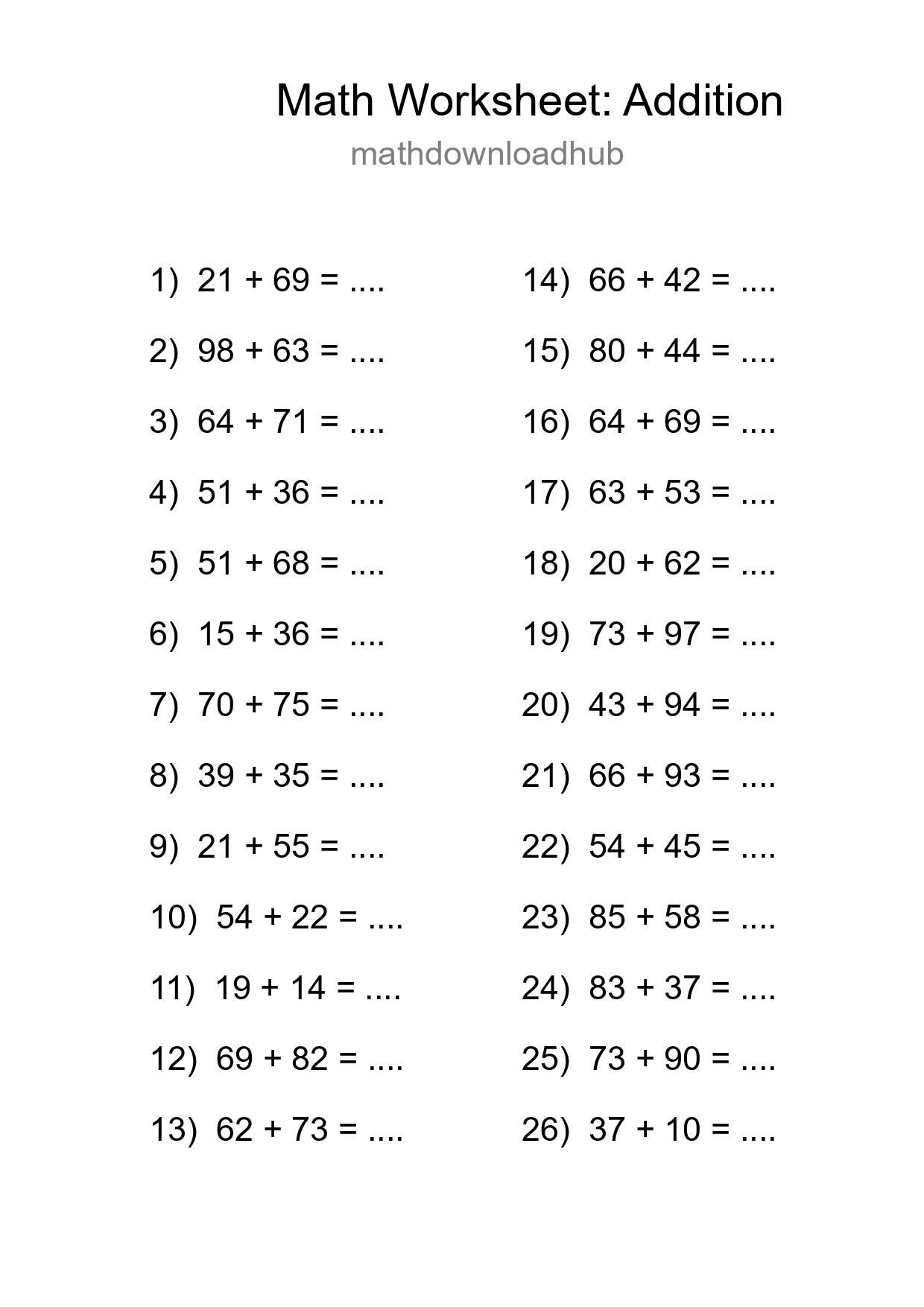 Printable Free 26 Addition Math Worksheet For Grade 3 - Part 100