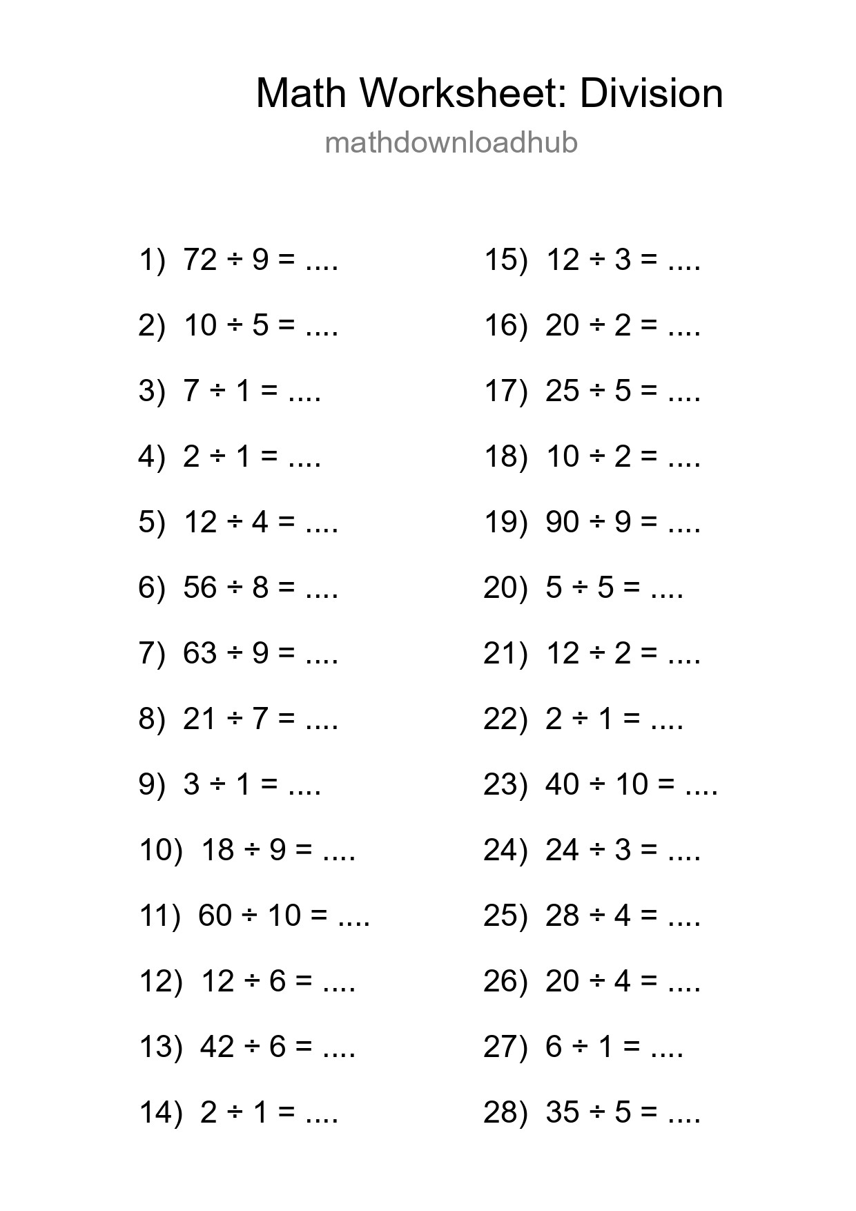 Printable Free 28 Division Math Worksheet For Grade 1 - Part 257